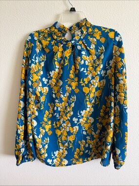 Tres Jolie Accessories Teal Floral Keyhole Blouse with Yellow & White Print
